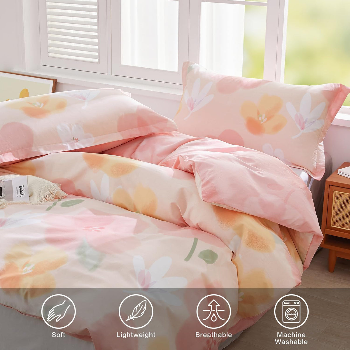 Pink Floral Duvet Cover Set Full Size Blossom Flower Printed Bedding Comforter Cover Set 100% Cotton 1 Duvet Cover 90"x80" 2 Pillow Shams, Comforter Not Included