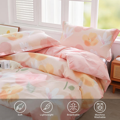 Pink Floral Duvet Cover Set Full Size Blossom Flower Printed Bedding Comforter Cover Set 100% Cotton 1 Duvet Cover 90"x80" 2 Pillow Shams, Comforter Not Included
