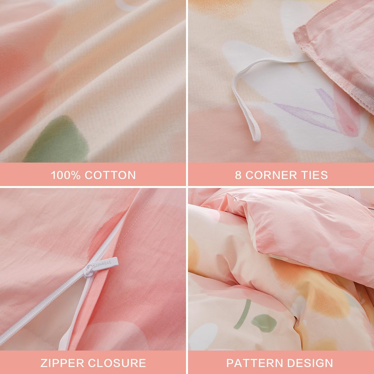 Pink Floral Duvet Cover Set Full Size Blossom Flower Printed Bedding Comforter Cover Set 100% Cotton 1 Duvet Cover 90"x80" 2 Pillow Shams, Comforter Not Included