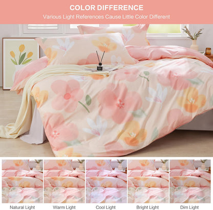 Pink Floral Duvet Cover Set Full Size Blossom Flower Printed Bedding Comforter Cover Set 100% Cotton 1 Duvet Cover 90"x80" 2 Pillow Shams, Comforter Not Included
