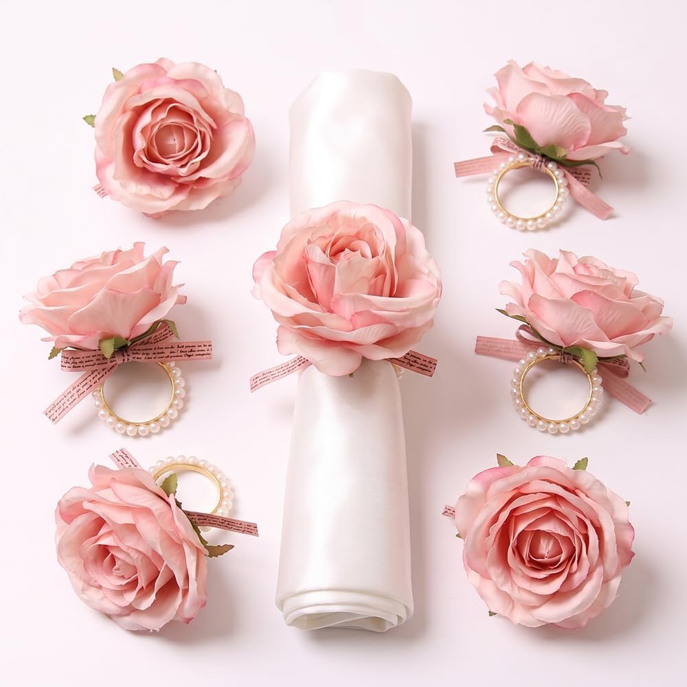 Flower Napkin Rings Set of 6 | Rustic Rose Tulip Napkins Holder | Spring Napkin Rings & Flower Stem Napkins Holder for Mother's Day Birthday Wedding Dinners Parties Table Decoration(Pink)