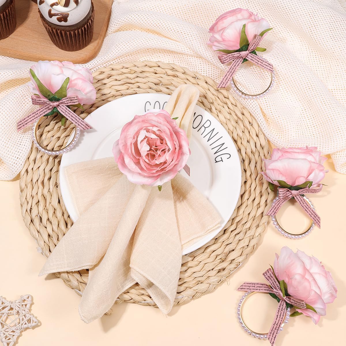 Flower Napkin Rings Set of 6 | Rustic Rose Tulip Napkins Holder | Spring Napkin Rings & Flower Stem Napkins Holder for Mother's Day Birthday Wedding Dinners Parties Table Decoration(Pink)