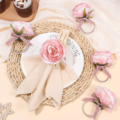 Flower Napkin Rings Set of 6 | Rustic Rose Tulip Napkins Holder | Spring Napkin Rings & Flower Stem Napkins Holder for Mother's Day Birthday Wedding Dinners Parties Table Decoration(Pink)