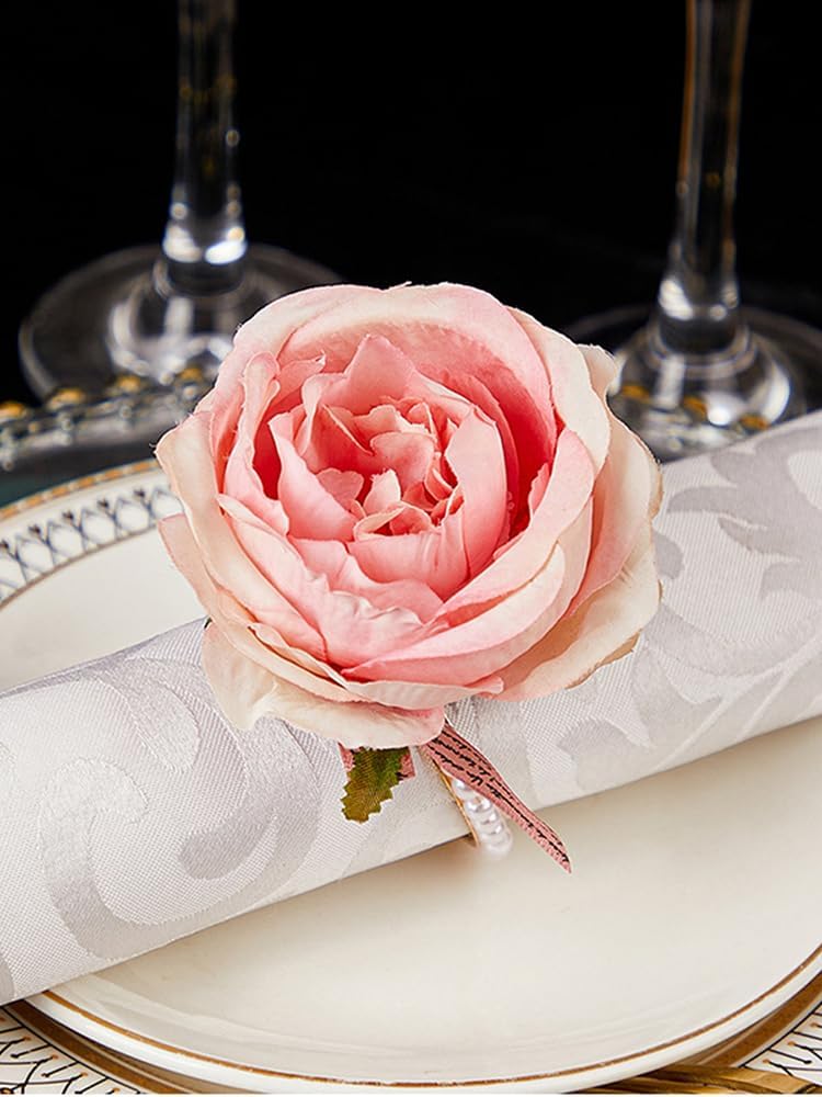 Flower Napkin Rings Set of 6 | Rustic Rose Tulip Napkins Holder | Spring Napkin Rings & Flower Stem Napkins Holder for Mother's Day Birthday Wedding Dinners Parties Table Decoration(Pink)