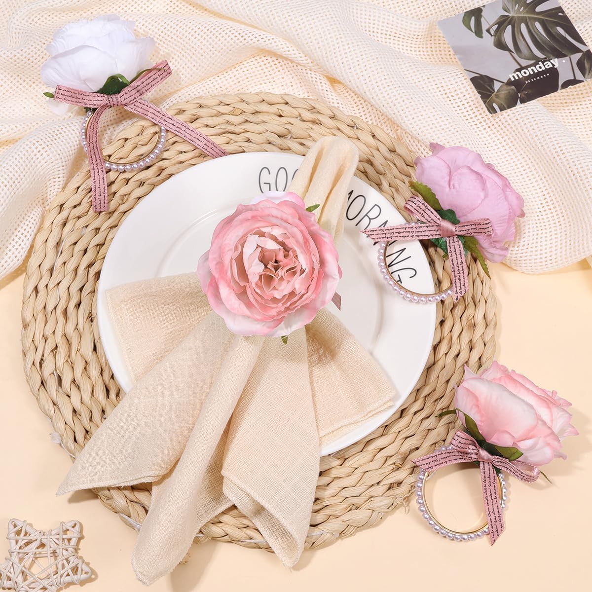 Flower Napkin Rings Set of 6 | Rustic Rose Tulip Napkins Holder | Spring Napkin Rings & Flower Stem Napkins Holder for Mother's Day Birthday Wedding Dinners Parties Table Decoration(Pink)