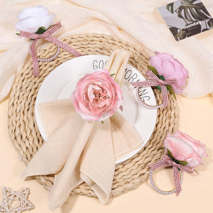 Flower Napkin Rings Set of 6 | Rustic Rose Tulip Napkins Holder | Spring Napkin Rings & Flower Stem Napkins Holder for Mother's Day Birthday Wedding Dinners Parties Table Decoration(Pink)