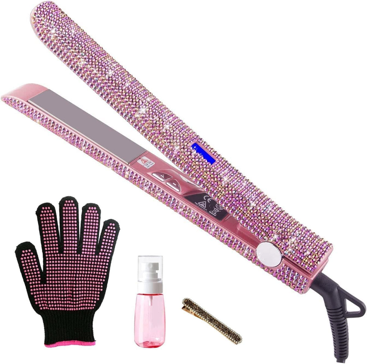 Hair Straightener Titanium Flat Iron with Gorgeous Rhinestone Bling Crystal Diamond, 2 in 1 Hair Straightener and Curler, 60 Min Auto Shut Off, LCD Temp Display, Range from 120°F to 470°F(Rose Pink)