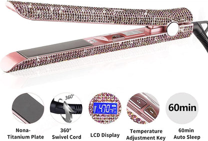 Hair Straightener Titanium Flat Iron with Gorgeous Rhinestone Bling Crystal Diamond, 2 in 1 Hair Straightener and Curler, 60 Min Auto Shut Off, LCD Temp Display, Range from 120°F to 470°F(Rose Pink)