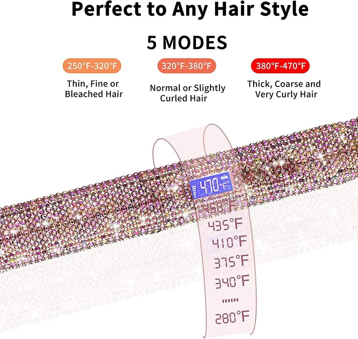 Hair Straightener Titanium Flat Iron with Gorgeous Rhinestone Bling Crystal Diamond, 2 in 1 Hair Straightener and Curler, 60 Min Auto Shut Off, LCD Temp Display, Range from 120°F to 470°F(Rose Pink)