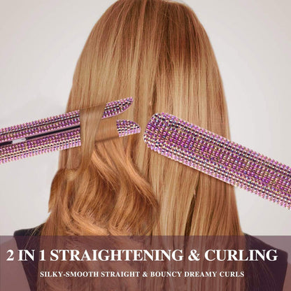 Hair Straightener Titanium Flat Iron with Gorgeous Rhinestone Bling Crystal Diamond, 2 in 1 Hair Straightener and Curler, 60 Min Auto Shut Off, LCD Temp Display, Range from 120°F to 470°F(Rose Pink)