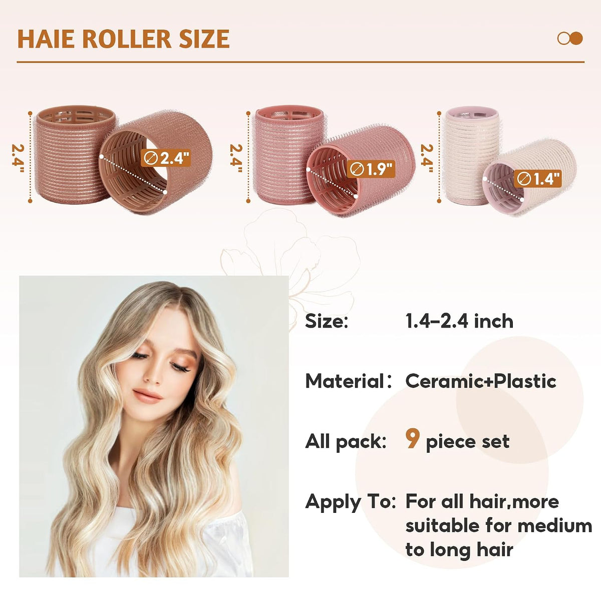 9pcs Ceramic Thermal Hair Rollers,Curlers for Long Medium Short Hair