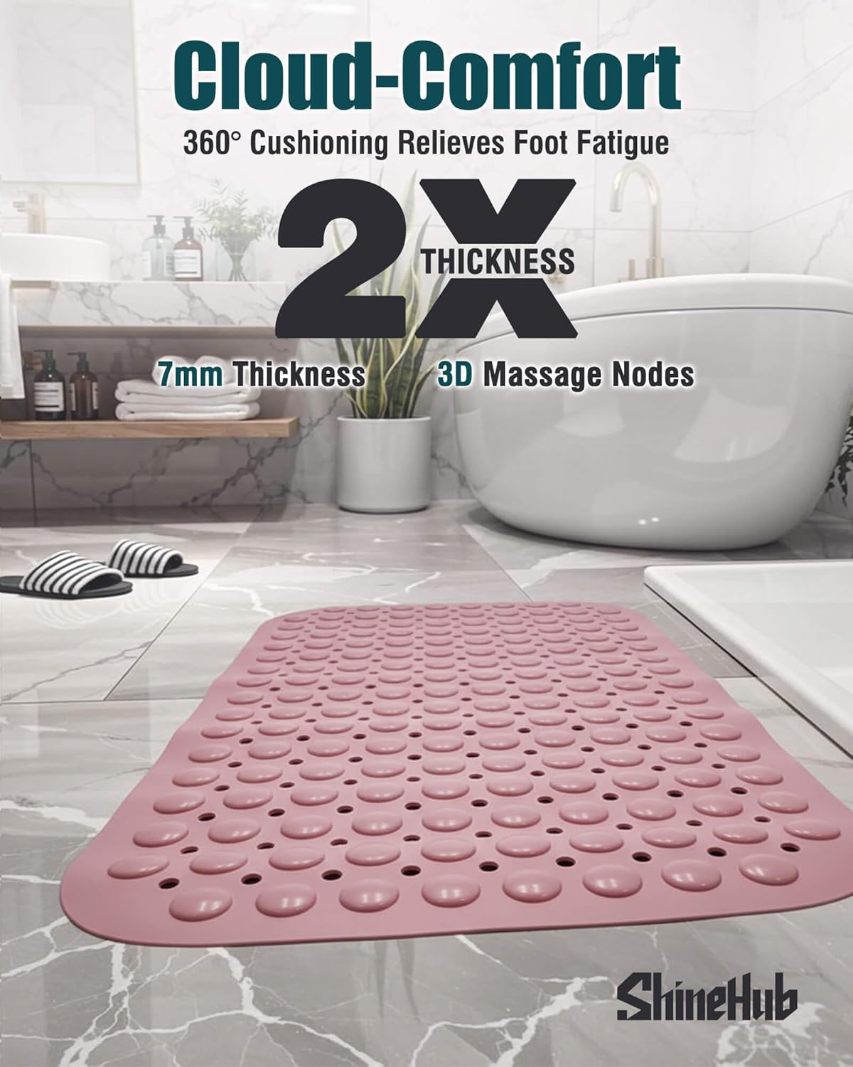 Non Slip TPE Bath Mat, Heavy Non Floating Shower Mat, 28x16, Pink