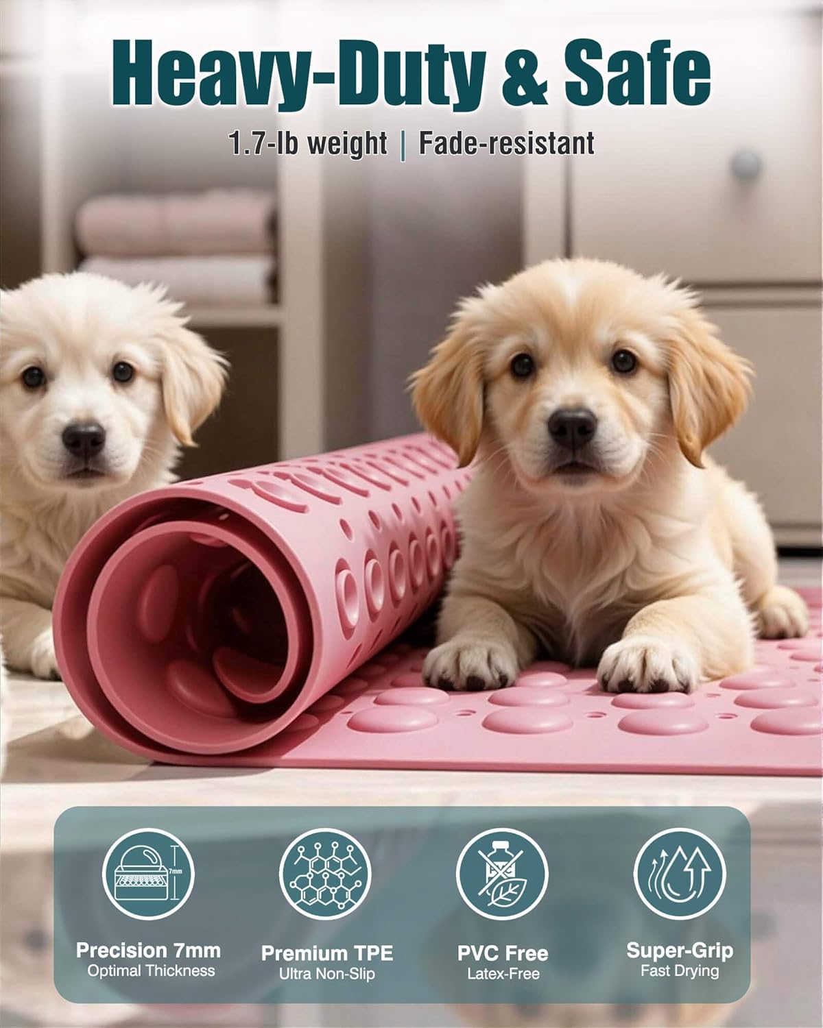 Non Slip TPE Bath Mat, Heavy Non Floating Shower Mat, 28x16, Pink