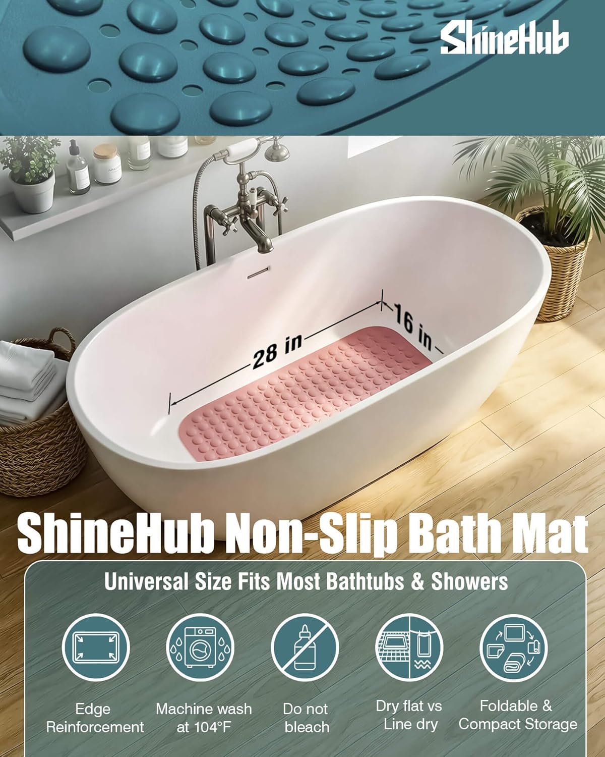 Non Slip TPE Bath Mat, Heavy Non Floating Shower Mat, 28x16, Pink