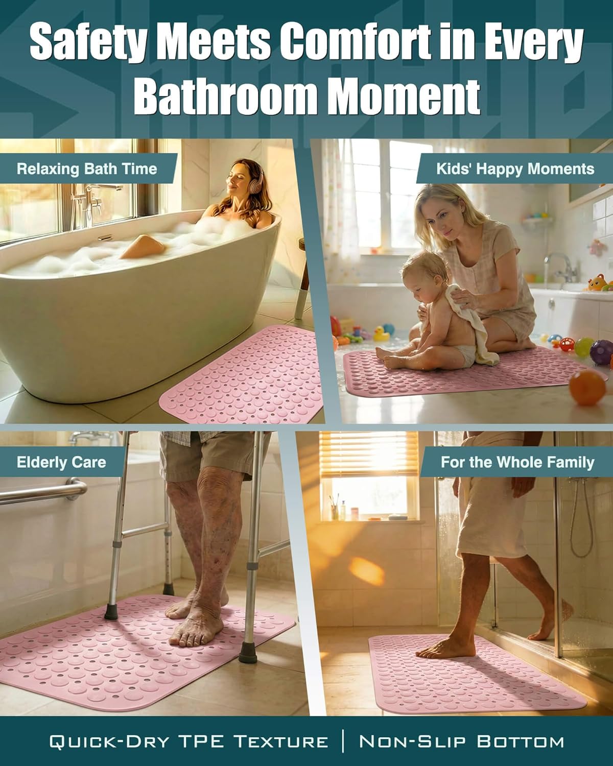 Non Slip TPE Bath Mat, Heavy Non Floating Shower Mat, 28x16, Pink