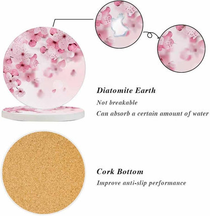 Cherry Blossom Coasters for Drinks Pink Flower Romance Nature Cups Place Mats for Home Decor Set of 2, 4 Inch