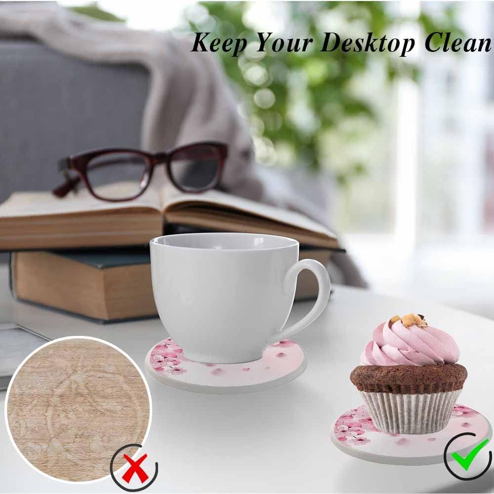 Cherry Blossom Coasters for Drinks Pink Flower Romance Nature Cups Place Mats for Home Decor Set of 2, 4 Inch