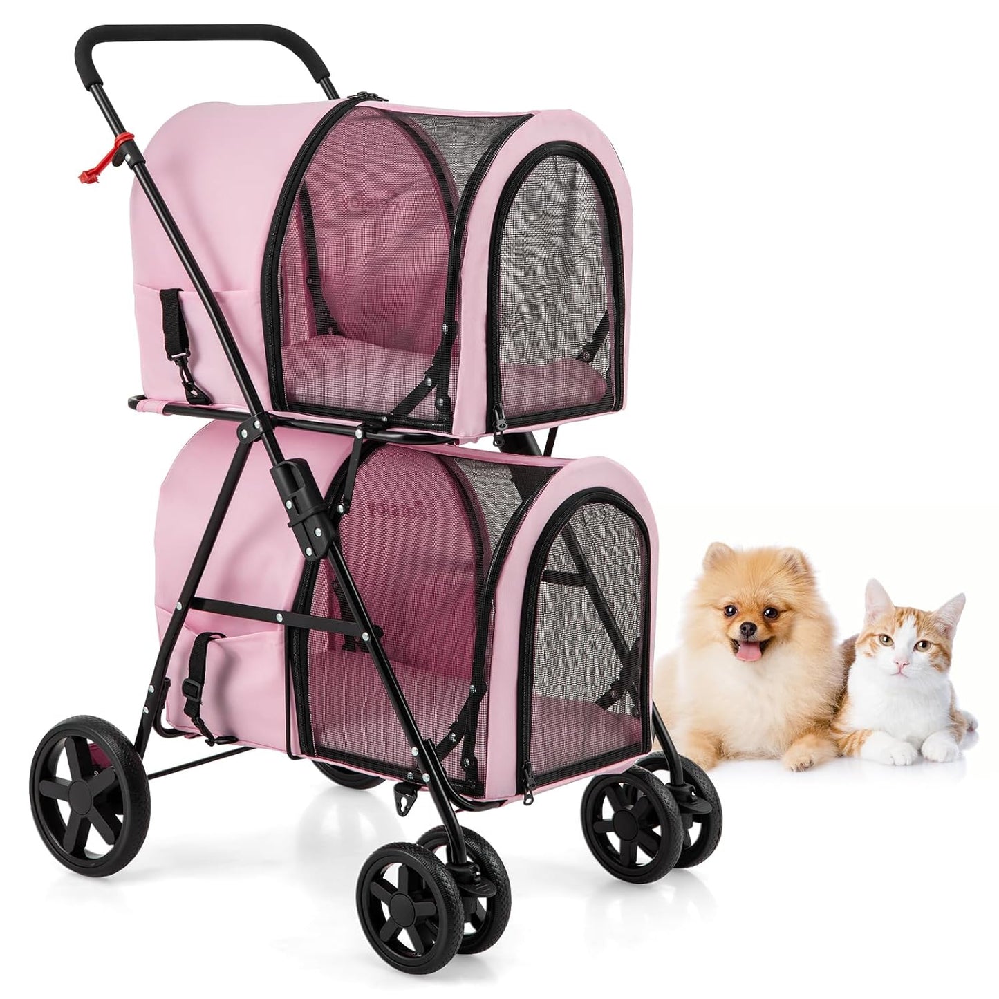 Double Dog Stroller, Foldable Pet Stroller for 2 Dogs & Cats Small Medium Sized with Detachable Carrier on Wheels, Ideal for Car Seat Walking Camping Travel (Pink)