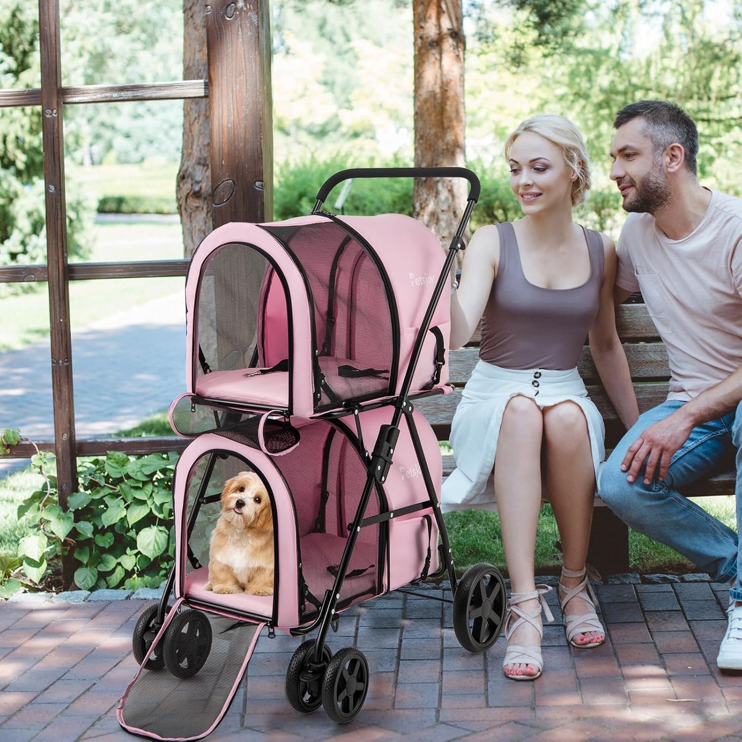 Double Dog Stroller, Foldable Pet Stroller for 2 Dogs & Cats Small Medium Sized with Detachable Carrier on Wheels, Ideal for Car Seat Walking Camping Travel (Pink)