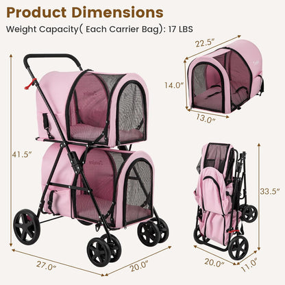 Double Dog Stroller, Foldable Pet Stroller for 2 Dogs & Cats Small Medium Sized with Detachable Carrier on Wheels, Ideal for Car Seat Walking Camping Travel (Pink)