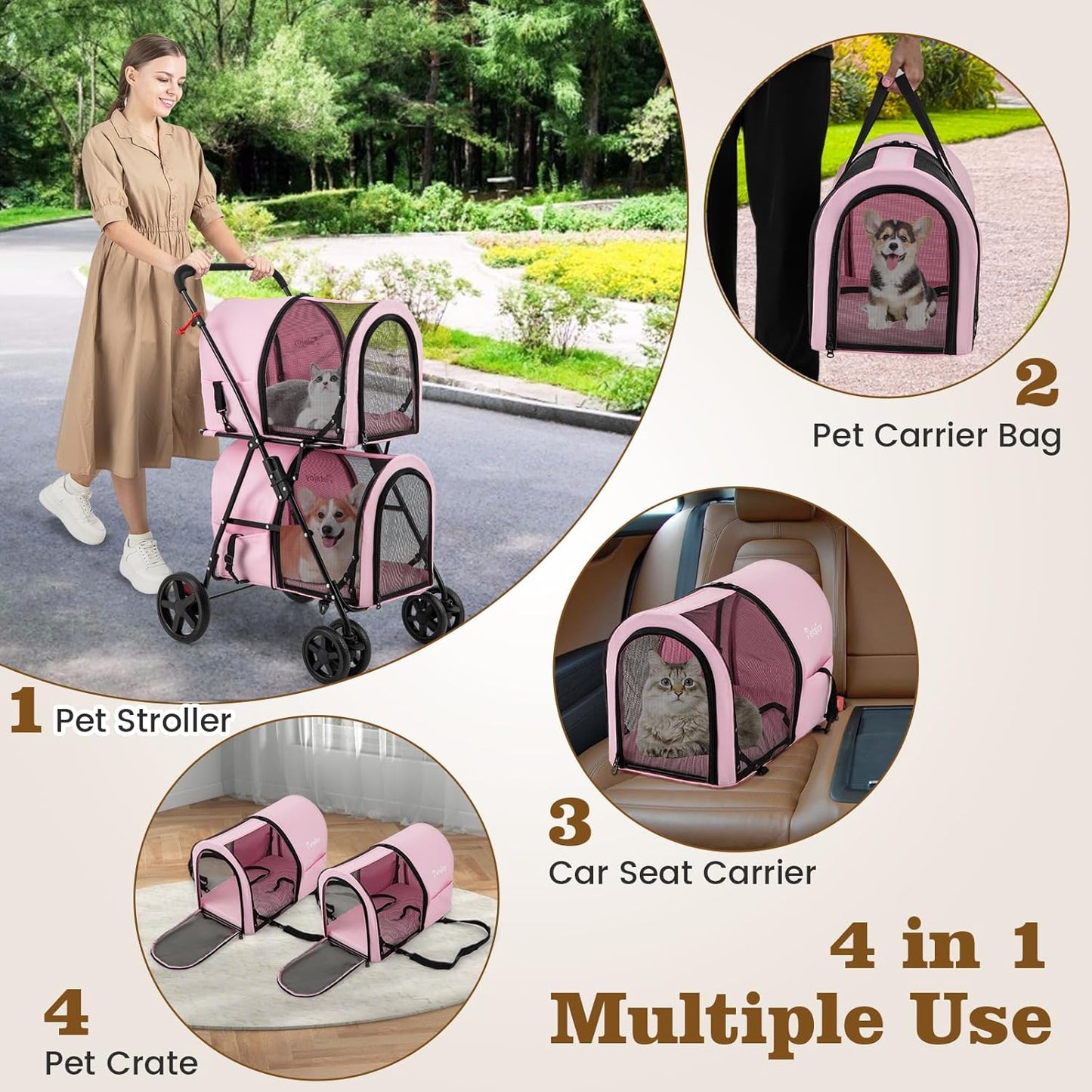 Double Dog Stroller, Foldable Pet Stroller for 2 Dogs & Cats Small Medium Sized with Detachable Carrier on Wheels, Ideal for Car Seat Walking Camping Travel (Pink)