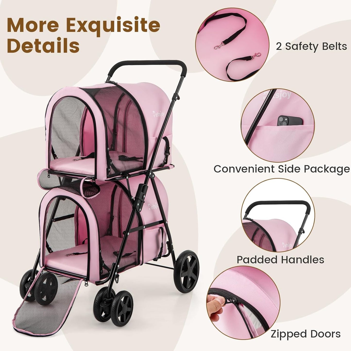 Double Dog Stroller, Foldable Pet Stroller for 2 Dogs & Cats Small Medium Sized with Detachable Carrier on Wheels, Ideal for Car Seat Walking Camping Travel (Pink)
