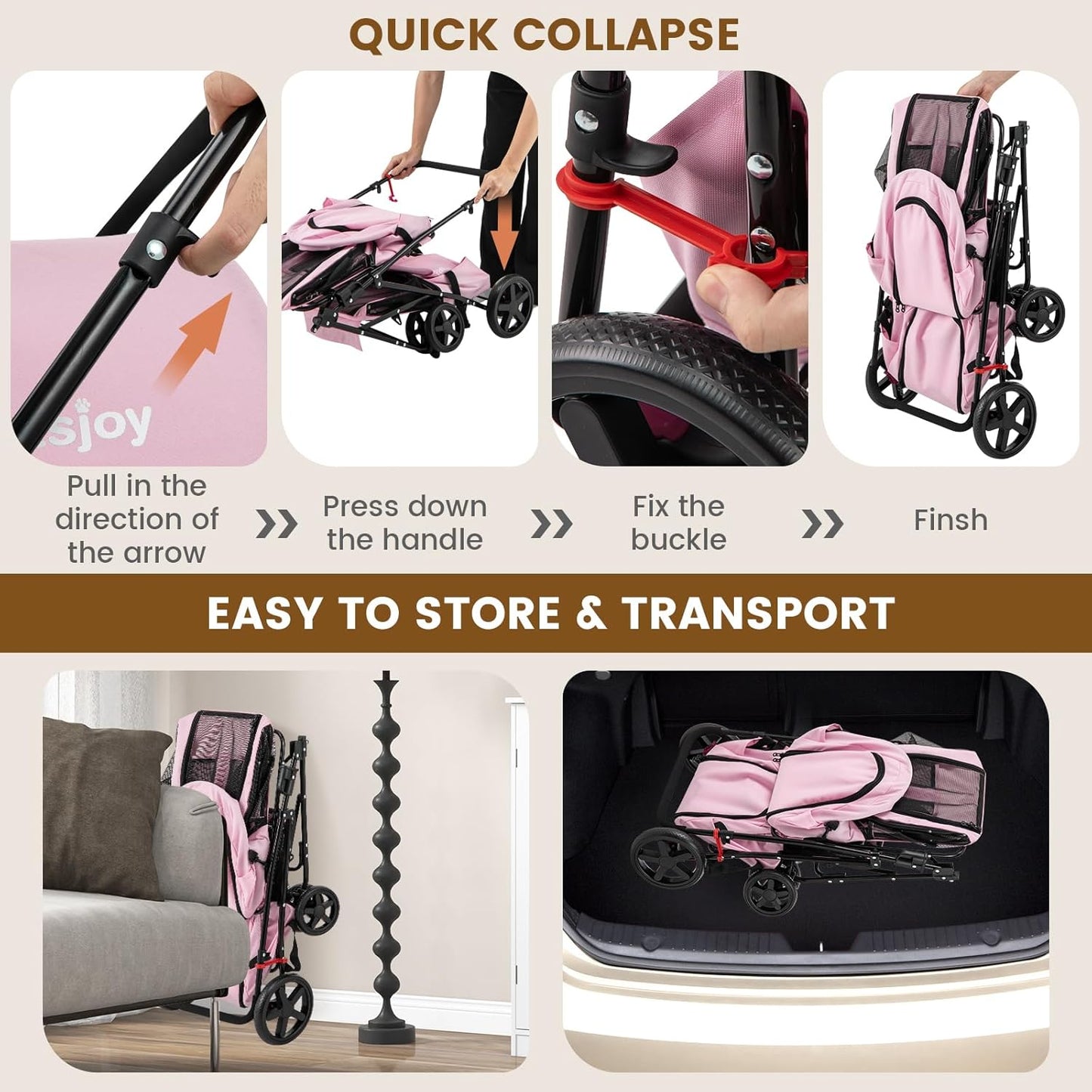 Double Dog Stroller, Foldable Pet Stroller for 2 Dogs & Cats Small Medium Sized with Detachable Carrier on Wheels, Ideal for Car Seat Walking Camping Travel (Pink)