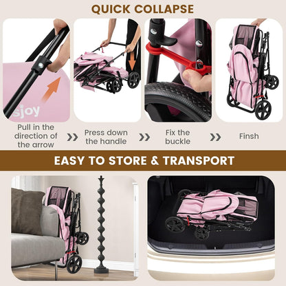 Double Dog Stroller, Foldable Pet Stroller for 2 Dogs & Cats Small Medium Sized with Detachable Carrier on Wheels, Ideal for Car Seat Walking Camping Travel (Pink)
