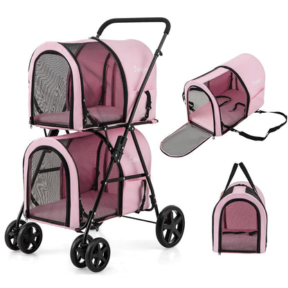 Double Dog Stroller, Foldable Pet Stroller for 2 Dogs & Cats Small Medium Sized with Detachable Carrier on Wheels, Ideal for Car Seat Walking Camping Travel (Pink)
