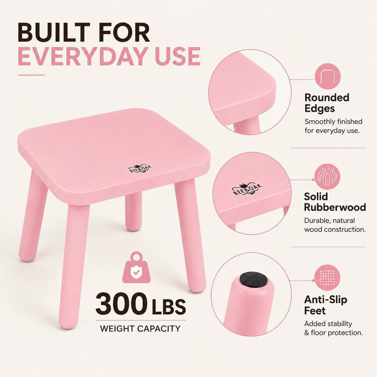 11 Inch Wooden Step Stools for Adults, Solid Rubber Wood Non-Slip Step Foot Stool, Heavy Duty 300 lbs One Step Stool for Bedroom, Bathroom, Kitchen,Outdoor (Pink)