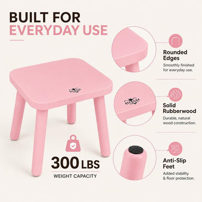 11 Inch Wooden Step Stools for Adults, Solid Rubber Wood Non-Slip Step Foot Stool, Heavy Duty 300 lbs One Step Stool for Bedroom, Bathroom, Kitchen,Outdoor (Pink)