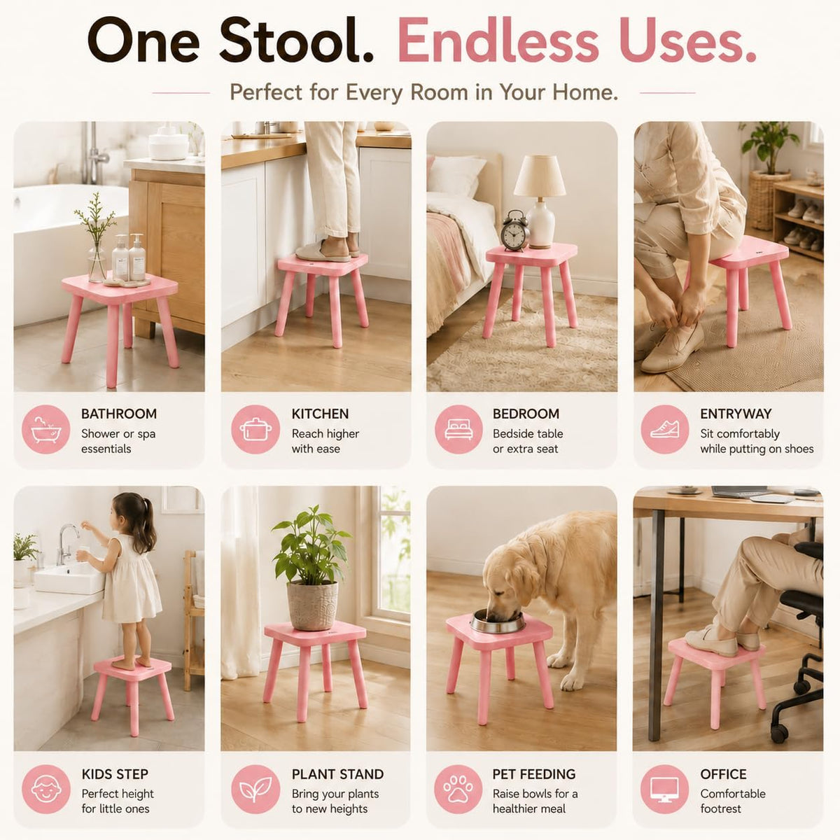 11 Inch Wooden Step Stools for Adults, Solid Rubber Wood Non-Slip Step Foot Stool, Heavy Duty 300 lbs One Step Stool for Bedroom, Bathroom, Kitchen,Outdoor (Pink)