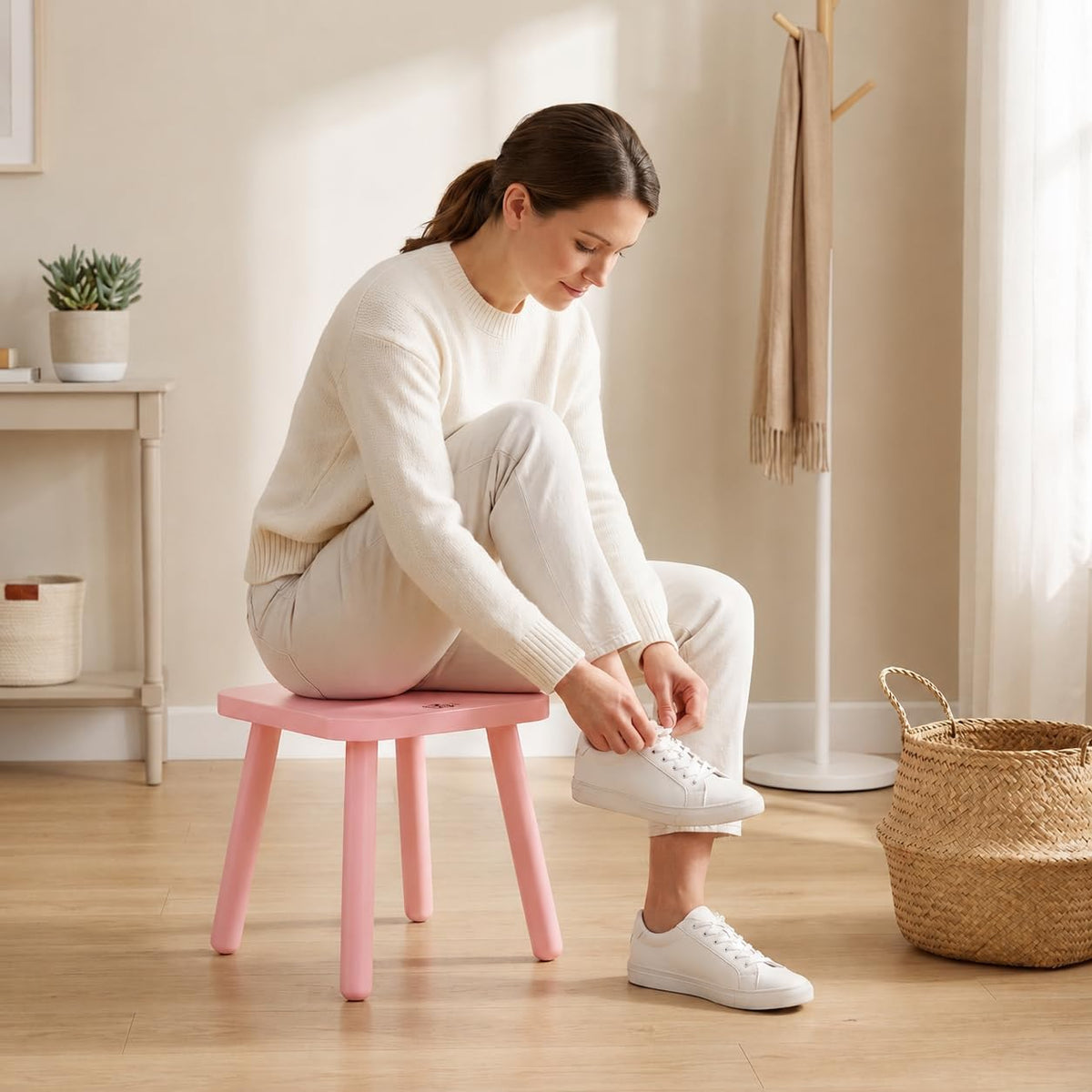 11 Inch Wooden Step Stools for Adults, Solid Rubber Wood Non-Slip Step Foot Stool, Heavy Duty 300 lbs One Step Stool for Bedroom, Bathroom, Kitchen,Outdoor (Pink)