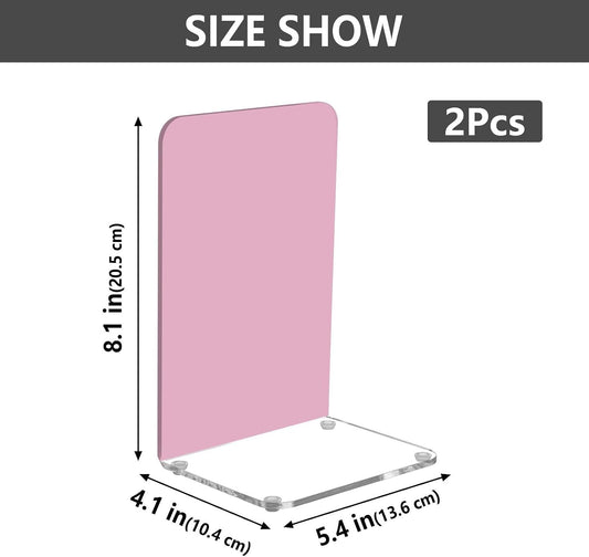 Solid Light Pink Acrylic Bookends 2PCS, Book Ends for Shelves, Holder Stand Decorative Stoppers for Heavy Duty Books, CD, File, Video Games