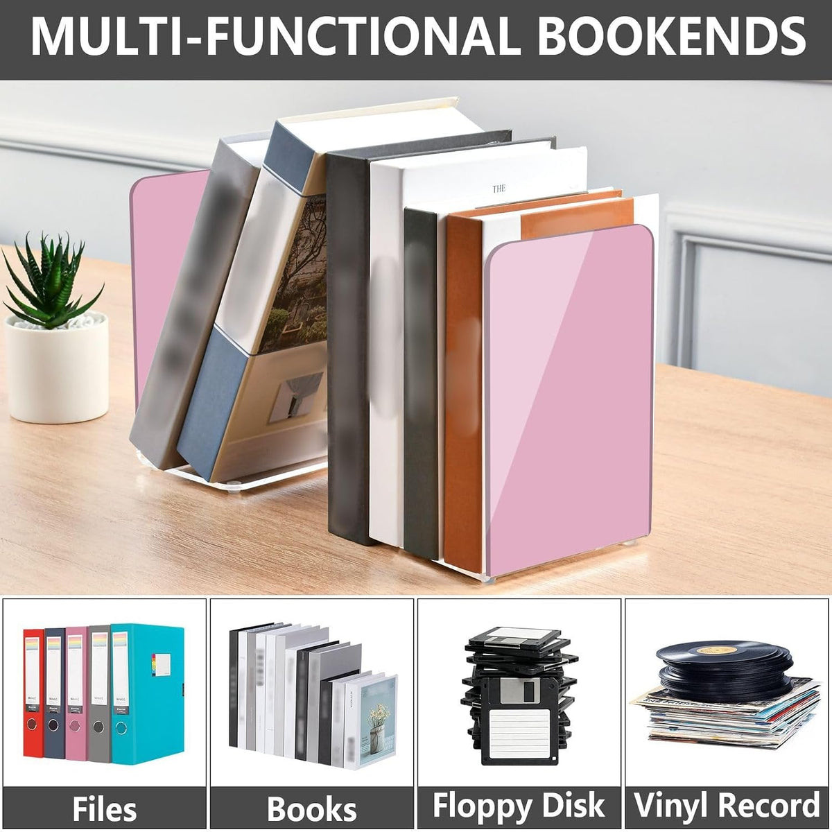 Solid Light Pink Acrylic Bookends 2PCS, Book Ends for Shelves, Holder Stand Decorative Stoppers for Heavy Duty Books, CD, File, Video Games