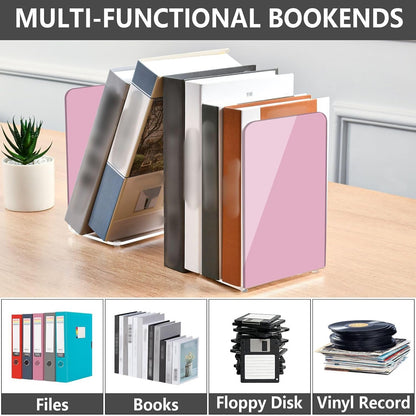 Solid Light Pink Acrylic Bookends 2PCS, Book Ends for Shelves, Holder Stand Decorative Stoppers for Heavy Duty Books, CD, File, Video Games