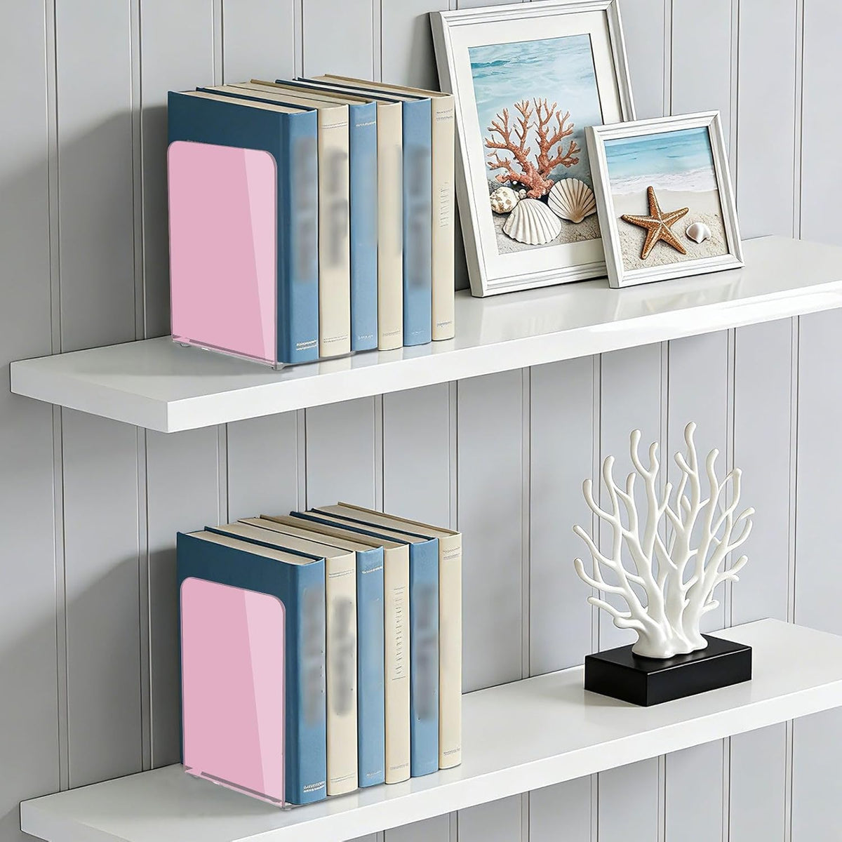 Solid Light Pink Acrylic Bookends 2PCS, Book Ends for Shelves, Holder Stand Decorative Stoppers for Heavy Duty Books, CD, File, Video Games