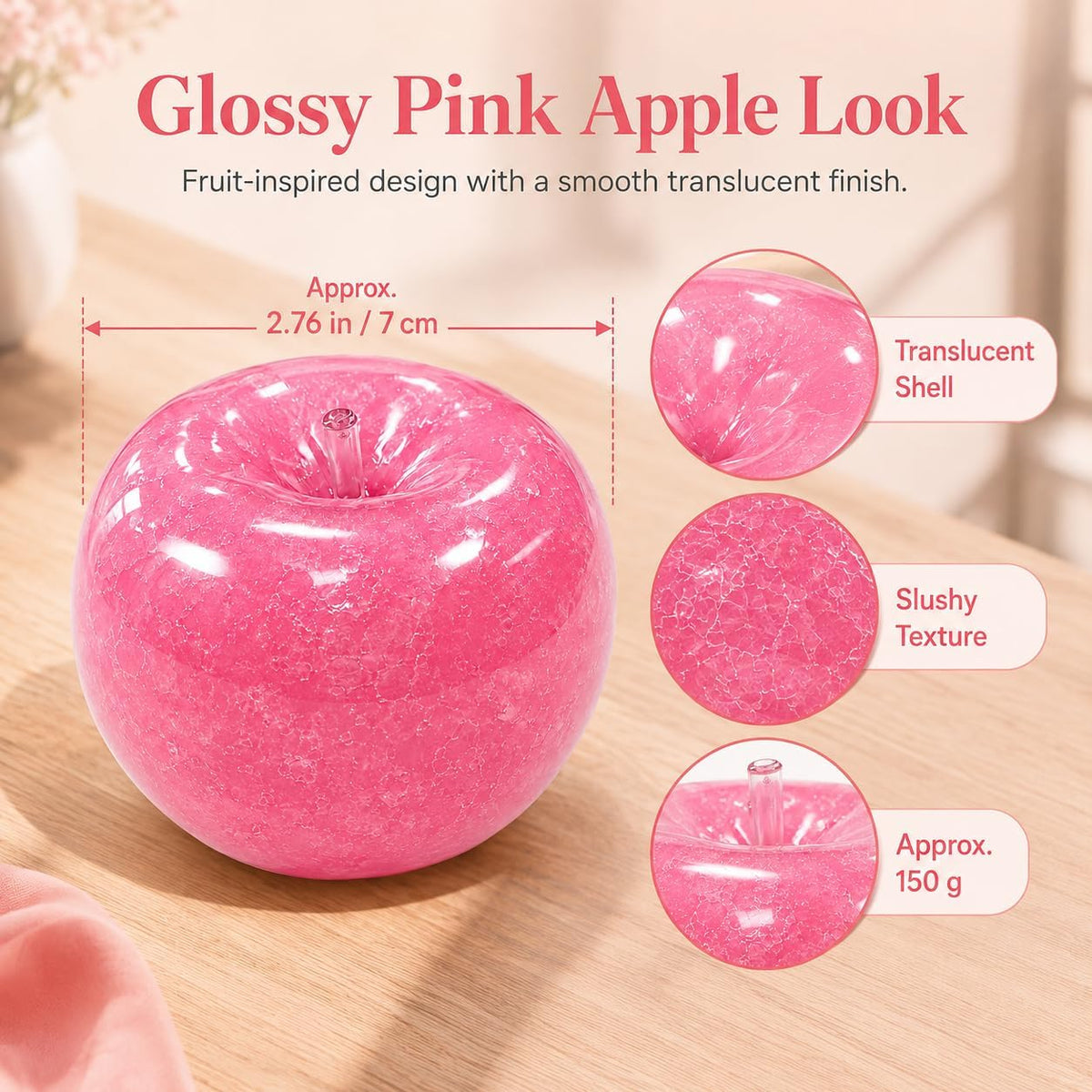 Pink Slushy Apple Squishy, Soft Satisfying Slushy Squishy Stress Ball, Apple Squeeze Toy for Adults, Desk, Home & Travel