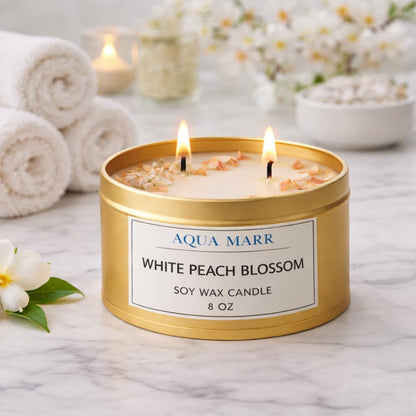 White Peach Blossom Soy Candle – 8 oz Floral Scented Candle, Hand-Poured Clean Burning Dual Wick Candle for Home, Spa & Relaxation – Aqua MARR