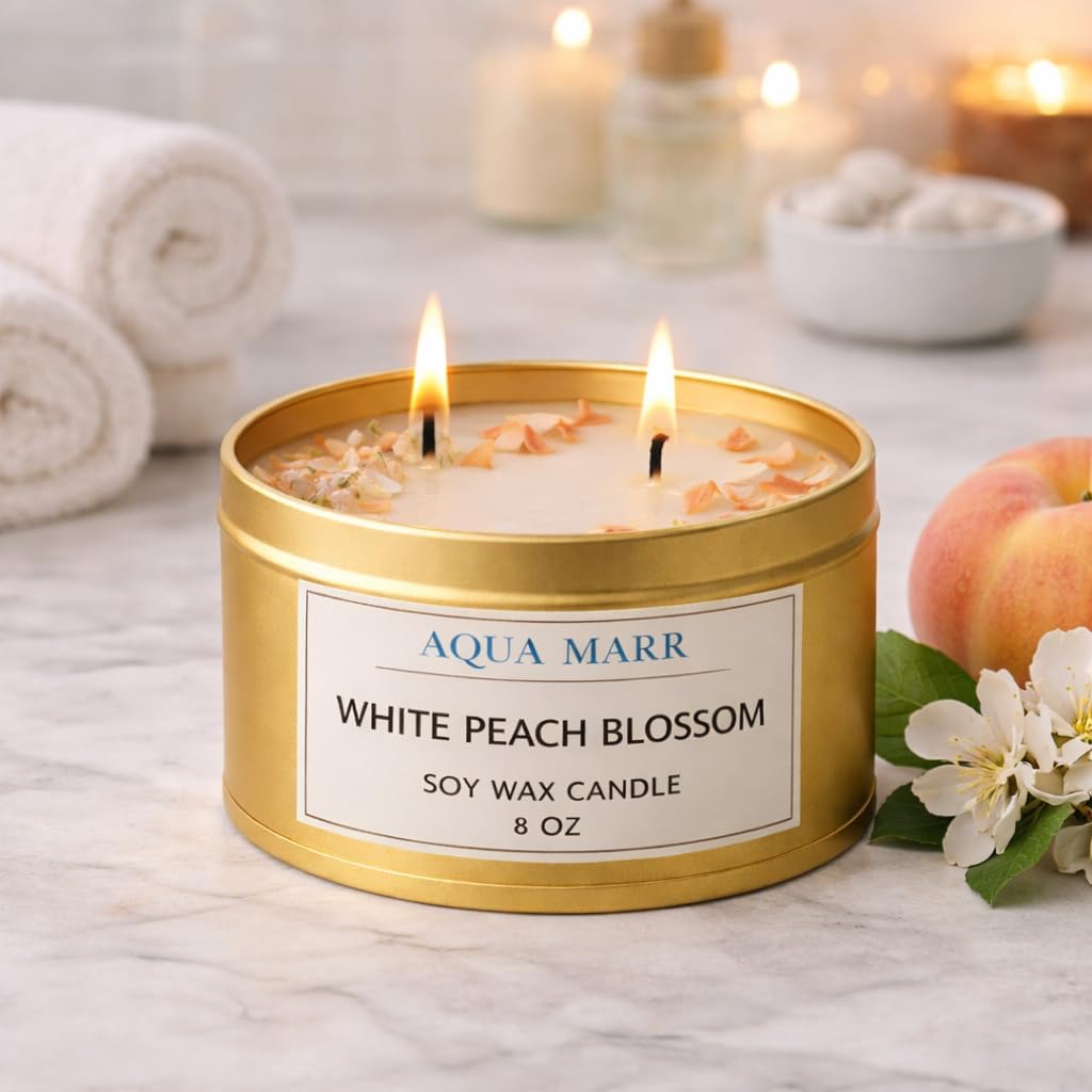 White Peach Blossom Soy Candle – 8 oz Floral Scented Candle, Hand-Poured Clean Burning Dual Wick Candle for Home, Spa & Relaxation – Aqua MARR