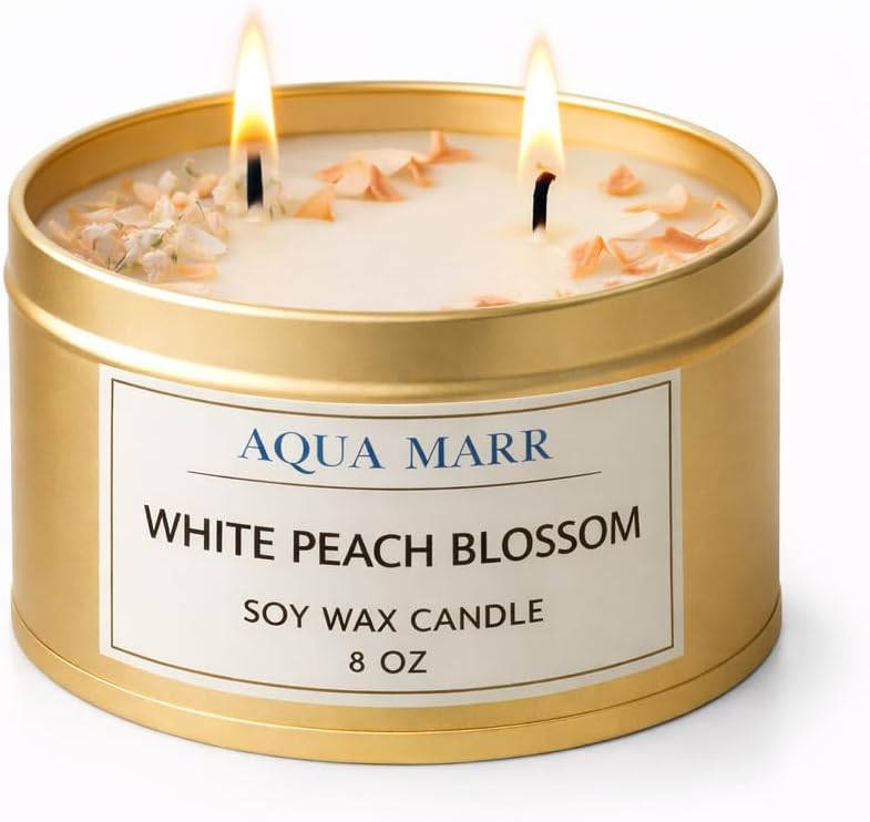 White Peach Blossom Soy Candle – 8 oz Floral Scented Candle, Hand-Poured Clean Burning Dual Wick Candle for Home, Spa & Relaxation – Aqua MARR