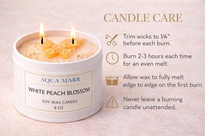 White Peach Blossom Soy Candle – 8 oz Floral Scented Candle, Hand-Poured Clean Burning Dual Wick Candle for Home, Spa & Relaxation – Aqua MARR