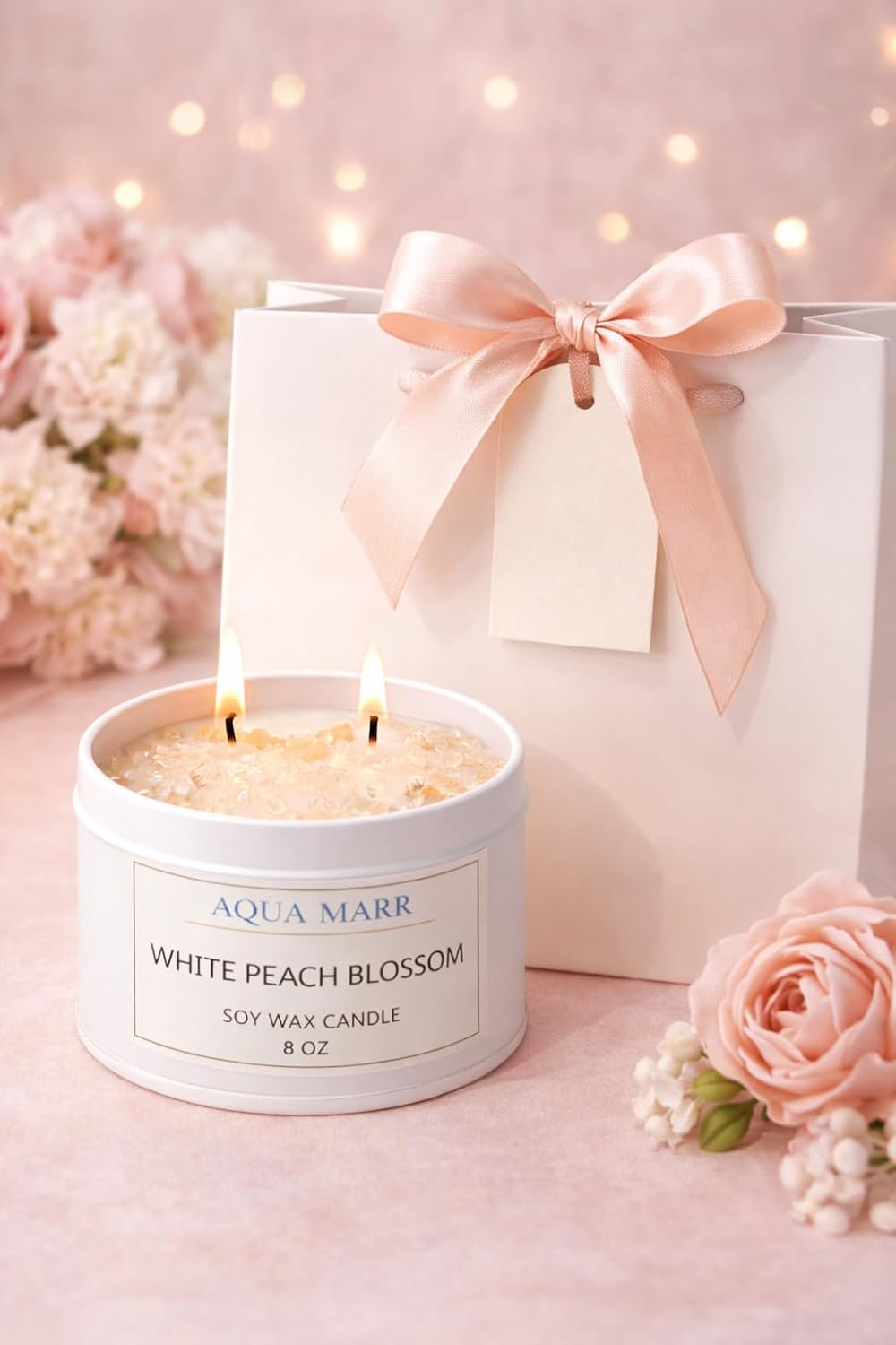White Peach Blossom Soy Candle – 8 oz Floral Scented Candle, Hand-Poured Clean Burning Dual Wick Candle for Home, Spa & Relaxation – Aqua MARR