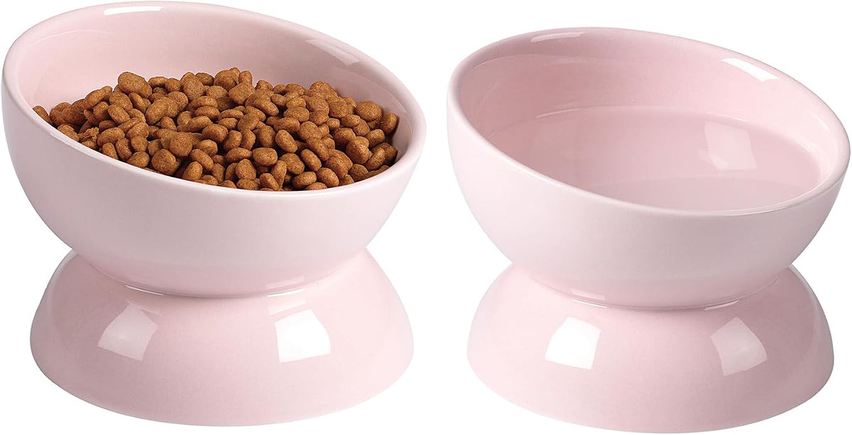 Cat Water Bowl, 16 OZ Ceramic Elevated Cat Bowls, 15° Tilted and Raised Pet Food Dish, Anti Vomiting Protect Pets' Spines and Whisker Fatigue