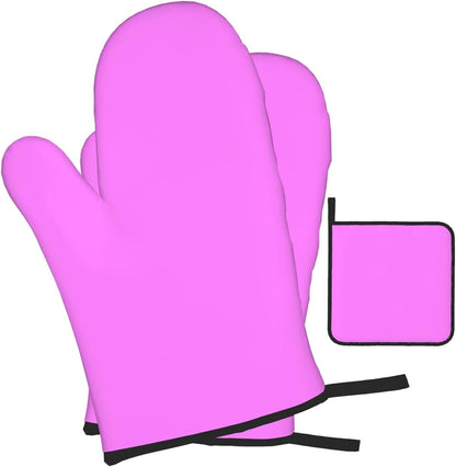 3PCS Oven Mitts and Pot Holders Sets, Solid Light Magenta Bright Pink Oven Mitts Set Heat Resistant Kitchen Microwave Gloves Safe for Baking,Cooking, BBQ