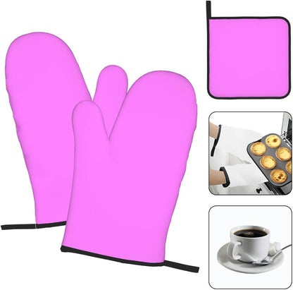 3PCS Oven Mitts and Pot Holders Sets, Solid Light Magenta Bright Pink Oven Mitts Set Heat Resistant Kitchen Microwave Gloves Safe for Baking,Cooking, BBQ