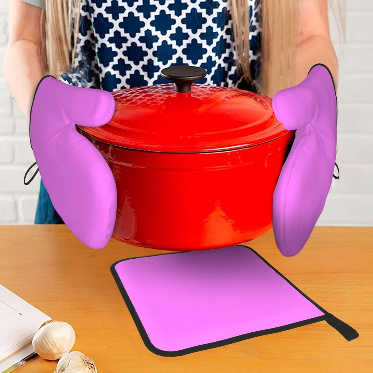 3PCS Oven Mitts and Pot Holders Sets, Solid Light Magenta Bright Pink Oven Mitts Set Heat Resistant Kitchen Microwave Gloves Safe for Baking,Cooking, BBQ