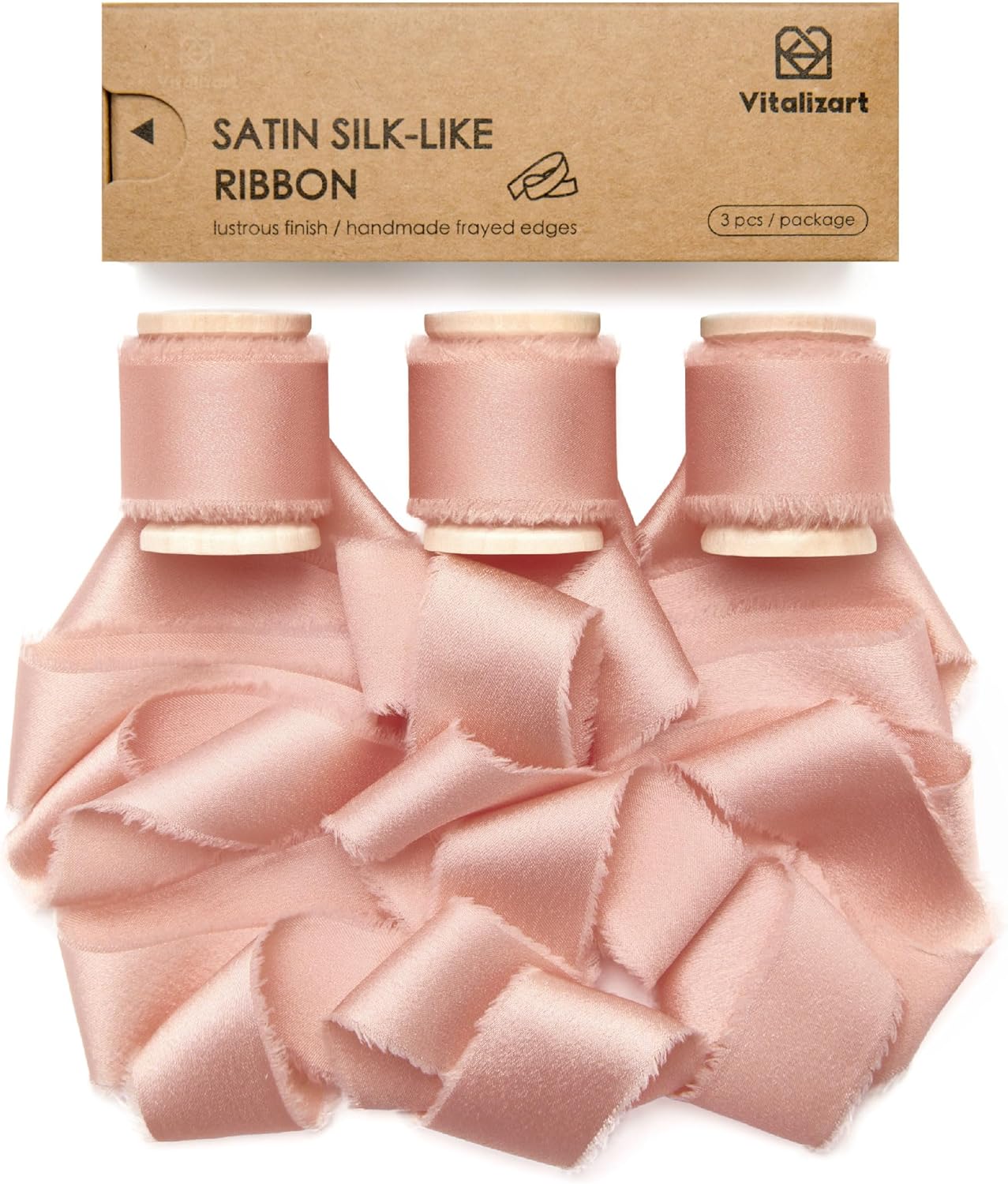 Pink Silk Satin Ribbon 1 Inch x 15 Yard Wooden Spool Handmade Frayed Ribbon for Gift Wrapping Baby Shower Wedding Bridal Bouquets Holiday Decor 3 Rolls x 5 Yard