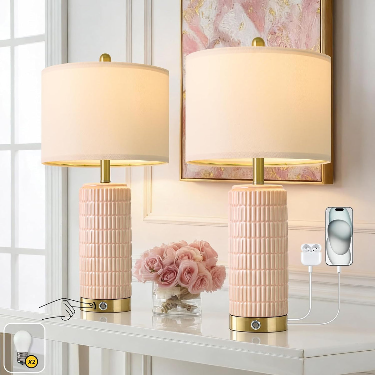 25'' Table Lamps Set of 2 for Bedroom with 3-Way Dimmable Touch Control, Bedside Lamps with USB A+C Ports for Living Room, Modern Ceramic Pink Lamps for Kids Girls Decor (2 Bulbs Included)