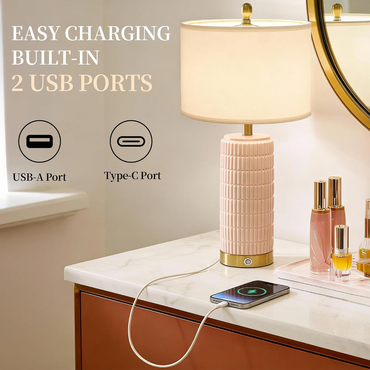 25'' Table Lamps Set of 2 for Bedroom with 3-Way Dimmable Touch Control, Bedside Lamps with USB A+C Ports for Living Room, Modern Ceramic Pink Lamps for Kids Girls Decor (2 Bulbs Included)